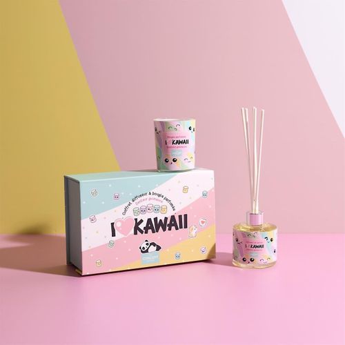 Coffret 1 Bougie Et Un Diffuseur D'ambiance Kawaii Parfums Guimauve Et Vanille -