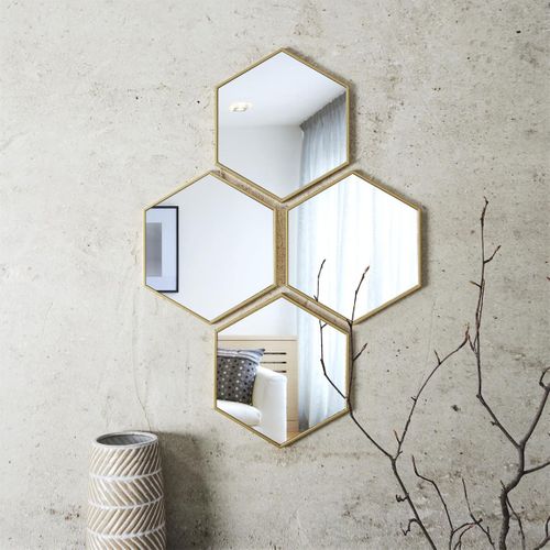 4 Miroirs Muraux Décoratifs Hexagone Au Contour Doré En Polypropylène -