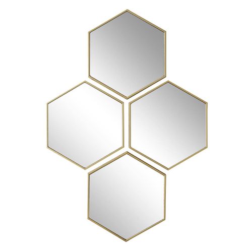 4 Miroirs Muraux Décoratifs Hexagone Au Contour Doré En Polypropylène -