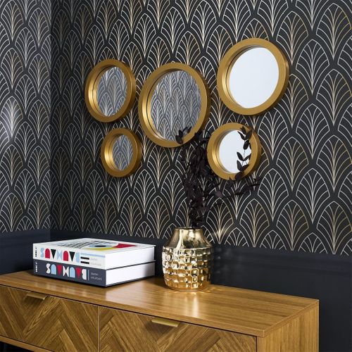 5 Miroirs Décoratifs Muraux Ronds Avec Encadrement Doré -