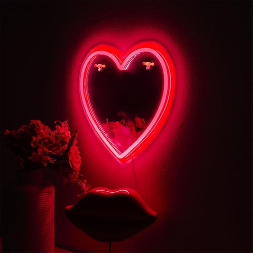 Miroir Lumineux Cœur Rouge Style Néon Avec Port USB -