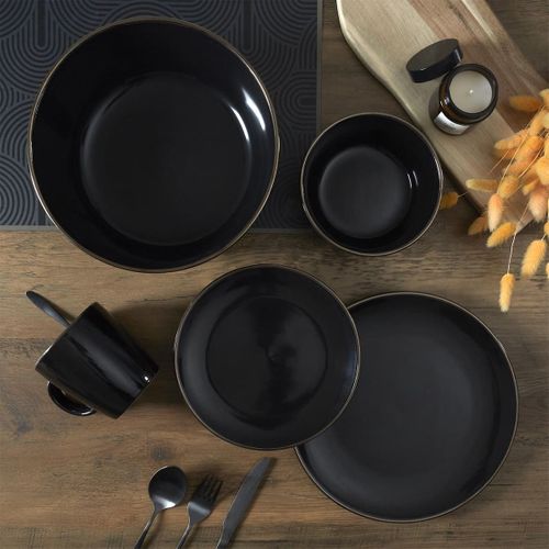 Set De 6 Assiettes à Dessert Noires En Céramique Avec Liseré Doré (ø20 Cm) - Ebene