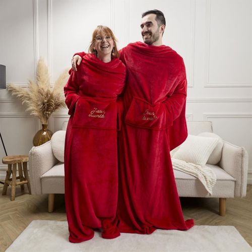Plaid à Manches Double XXL (254x200cm) "pour La Vie" En Polyester Ultra Doux Coloris Rouge -