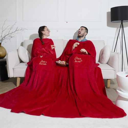 Plaid à Manches Double XXL (254x200cm) "pour La Vie" En Polyester Ultra Doux Coloris Rouge -