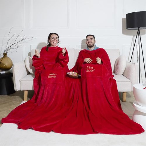 Plaid à Manches Double XXL (254x200cm) "pour La Vie" En Polyester Ultra Doux Coloris Rouge -