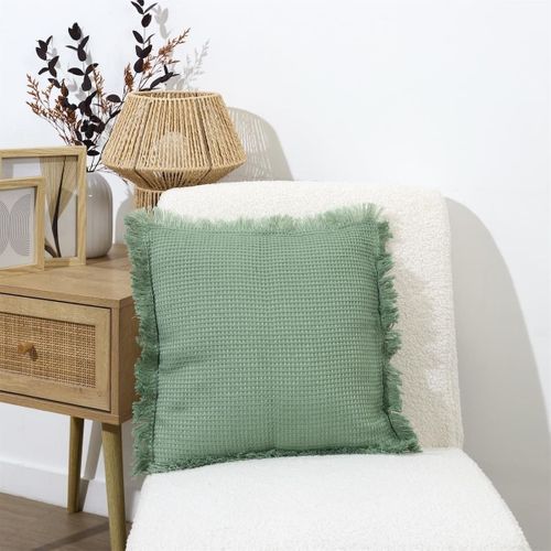 Coussin 40x40 Cm Déhoussable En Coton Style Gaufré Coloris Vert Sauge -