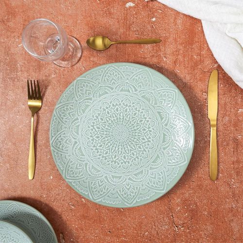Set De 6 Assiettes Plates En Céramique Verte Motif Mandala (ø27 Cm) - Akka