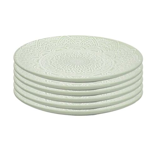 Set De 6 Assiettes Plates En Céramique Verte Motif Mandala (ø27 Cm) - Akka
