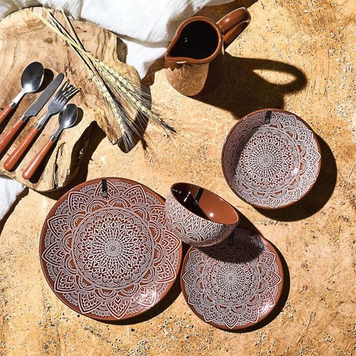 Set De 6 Assiettes Plates En Céramique Terracotta Motif Mandala (ø27 Cm) - Akka