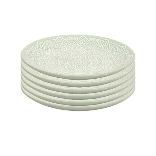 Set De 6 Assiettes à Dessert En Céramique Vert Motif Mandala (ø19,5 Cm) - Akka