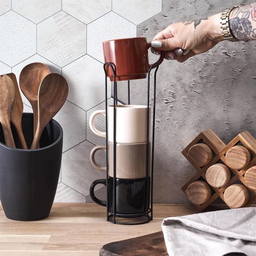 Set 4 Tasses Unies En Céramique (beige, Marron, Noir) Et Support En Fer Noir -