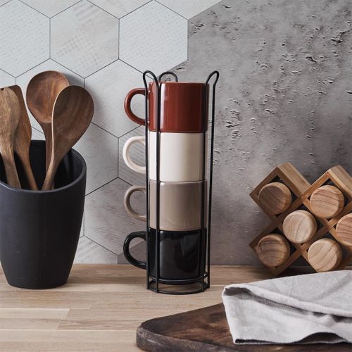 Set 4 Tasses Unies En Céramique (beige, Marron, Noir) Et Support En Fer Noir -