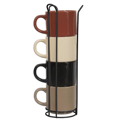 Set 4 Tasses Unies En Céramique (beige, Marron, Noir) Et Support En Fer Noir -
