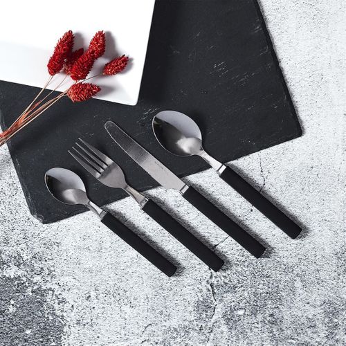 Ménagère 16 Pièces En Inox Avec Manches Noirs En Plastique Et Support Rond -