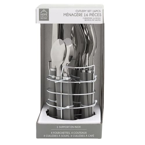 Ménagère 16 Pièces En Inox Avec Manches Noirs En Plastique Et Support Rond -