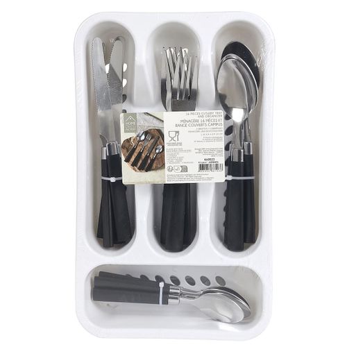 Range Ménagère Blanc Avec 16 Pièces En Inox Manches Noirs En Plastique -