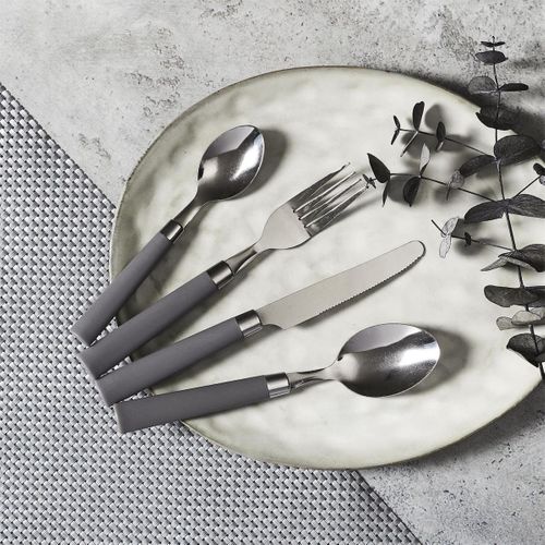 Range Ménagère Blanc Avec 16 Pièces En Inox Manches Gris En Plastique -