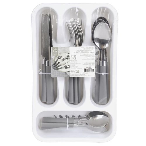 Range Ménagère Blanc Avec 16 Pièces En Inox Manches Gris En Plastique -