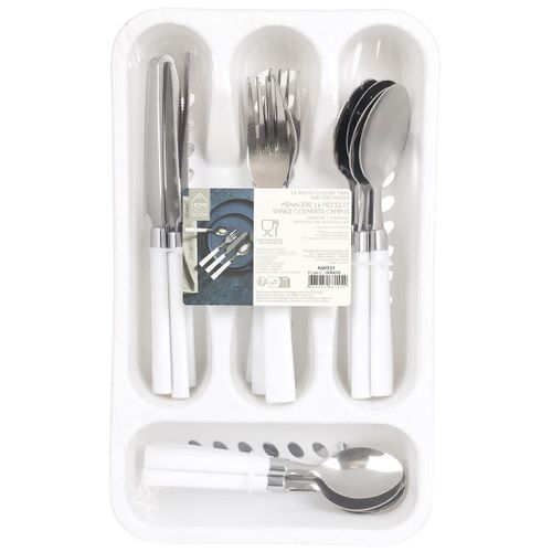 Range Ménagère Blanc Avec 16 Pièces En Inox Manches Blanc En Plastique -