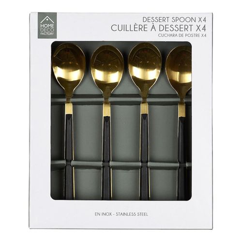 Set 4 Cuillères à Dessert Inox Doré Manches Noirs En Plastique -