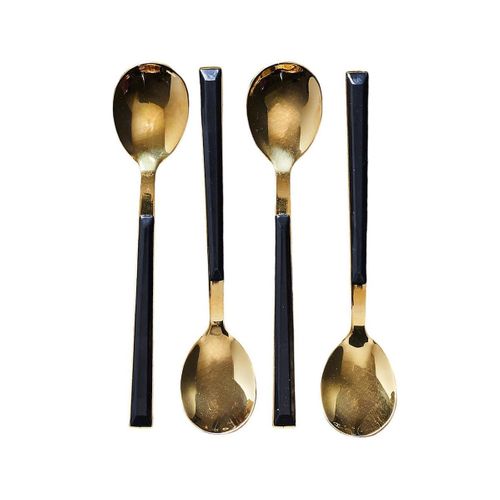 Set 4 Cuillères à Dessert Inox Doré Manches Noirs En Plastique -