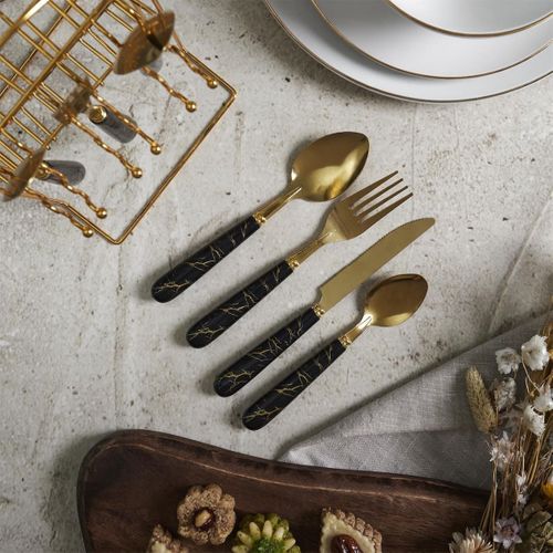 Ménagère 24 Pièces En Inox Doré Manches Noirs En Plastique Et Support Assorti -