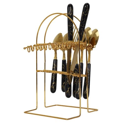 Ménagère 24 Pièces En Inox Doré Manches Noirs En Plastique Et Support Assorti -