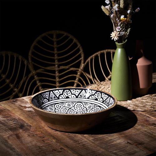 Saladier En Bois De Manguier Avec Motif Mandala Noir (ø28 cm) - Mango