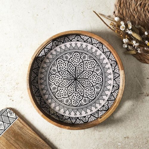 Plateau Rond En Bois De Manguier Avec Motif Mandala Noir (ø35cm) - Mango