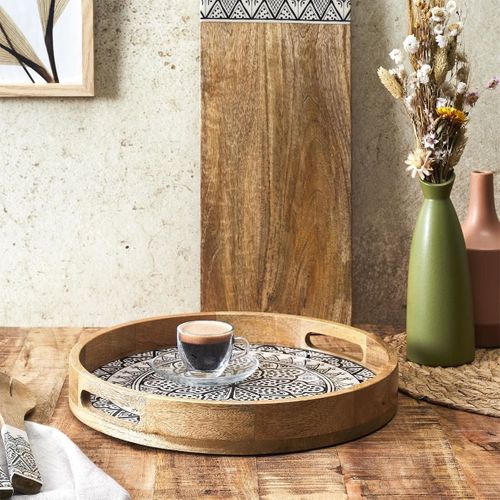 Plateau Rond En Bois De Manguier Avec Motif Mandala Noir (ø35cm) - Mango