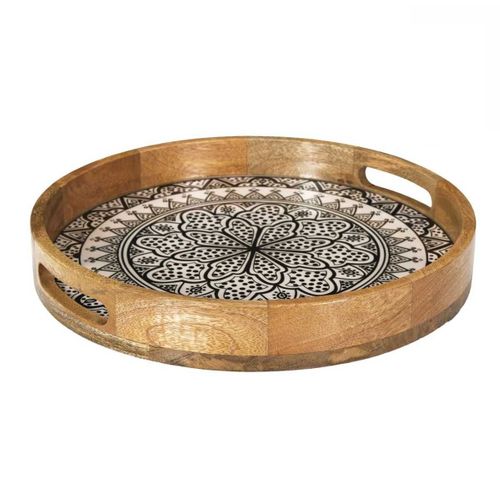 Plateau Rond En Bois De Manguier Avec Motif Mandala Noir (ø35cm) - Mango