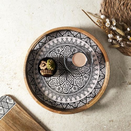 Plateau Rond En Bois De Manguier Avec Motif Mandala Noir (ø35cm) - Mango