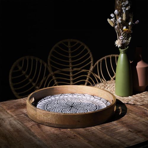 Plateau Rond En Bois De Manguier Avec Motif Mandala Noir (ø35cm) - Mango