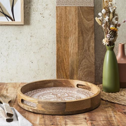 Plateau Rond En Bois De Manguier Avec Motif Mandala Brun (ø35cm) - Mango