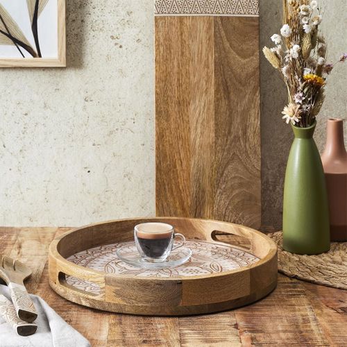 Plateau Rond En Bois De Manguier Avec Motif Mandala Brun (ø35cm) - Mango