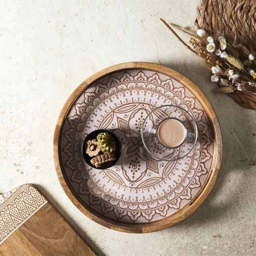 Plateau Rond En Bois De Manguier Avec Motif Mandala Brun (ø35cm) - Mango