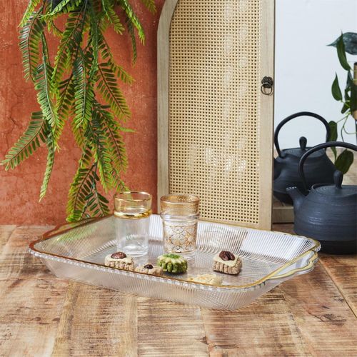 Set De 2 Plats Rectangulaire En Plastique Transparent Texturé Avec Contour Doré (l41 cm) -