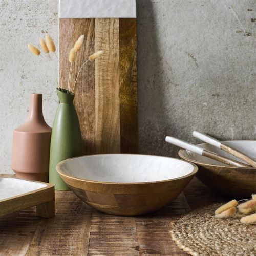 Saladier En Bois De Manguier Avec Intérieur Texturé Nid D'abeille Beige (ø27,5 cm) -