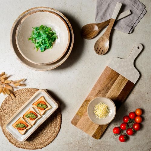 Plat De Service En Bois De Manguier Avec Intérieur Texturé Nid D'abeille Beige (l30 cm) -