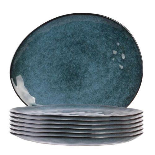 Set De 6 Assiettes Plates Galet En Céramique Au Grés Du Temps Bleu (27.5x23cm) - Galet