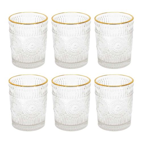 Set De 6 Verres 25cl En Verre Avec Reliefs Géométriques Et Liseré Doré -