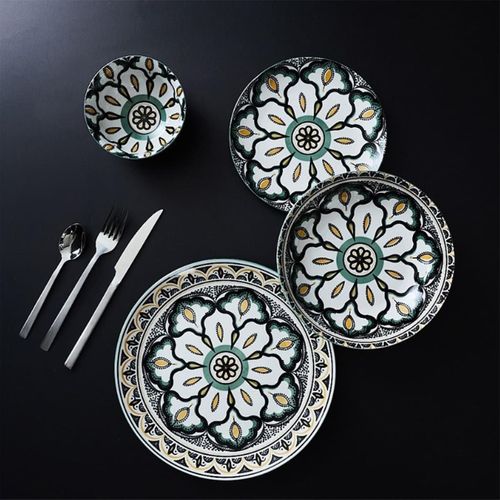 Set De 6 Assiettes Plates En Porcelaine Vert Mandala (ø26cm) - Mandala