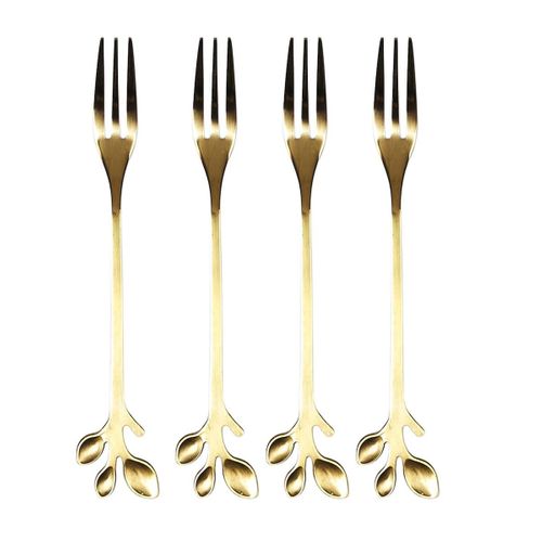 Set De 4 Fourchettes à Dessert Dorées En Acier Inoxydable Style Feuilles -