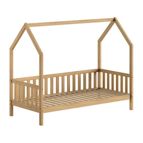 Lit Cabane à Barrière 90x200 Avec Tiroir En Chêne Massif - Leiky