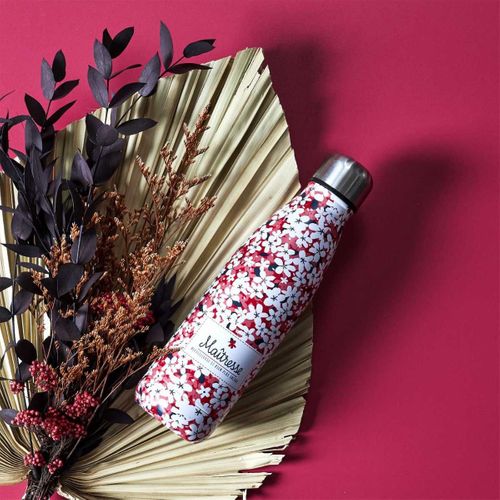 Bouteille De Transport Isotherme 50cl Fleurs Roses Et Inscription "merci Maîtresse" -