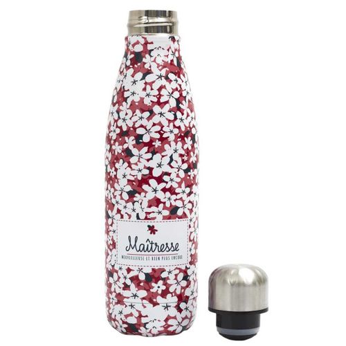 Bouteille De Transport Isotherme 50cl Fleurs Roses Et Inscription "merci Maîtresse" -