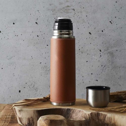 Bouteille De Transport Isotherme 50cl Simili Cuir Marron Avec Avec Bouton Poussoir -