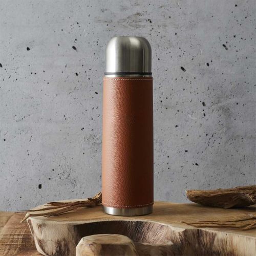 Bouteille De Transport Isotherme 50cl Simili Cuir Marron Avec Avec Bouton Poussoir -