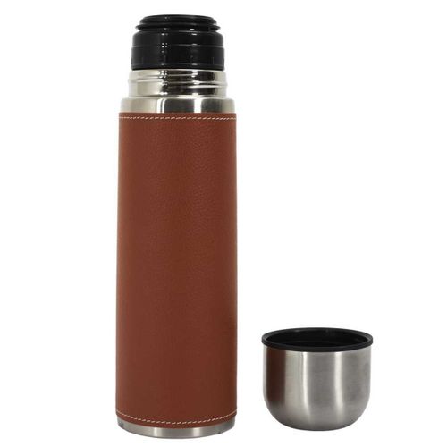 Bouteille De Transport Isotherme 50cl Simili Cuir Marron Avec Avec Bouton Poussoir -