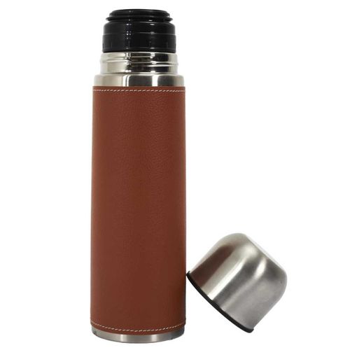 Bouteille De Transport Isotherme 50cl Simili Cuir Marron Avec Avec Bouton Poussoir -